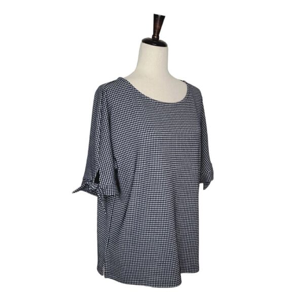 Talbots Navy Blue & White Gingham Tie Elbow Sleeve Blouse Size L - Picture 3 of 7